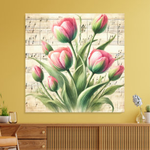 Toile Tulipe Vintage rose et verte personnalisée Musique