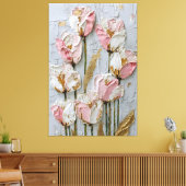 Toile Tulipes blanches et roses avec texture dorée abstr (Insitu(Salon))