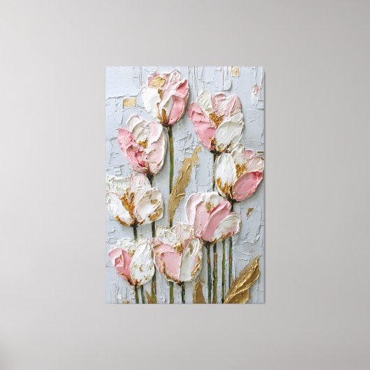 Toile Tulipes blanches et roses avec texture dorée abstr (Recto)