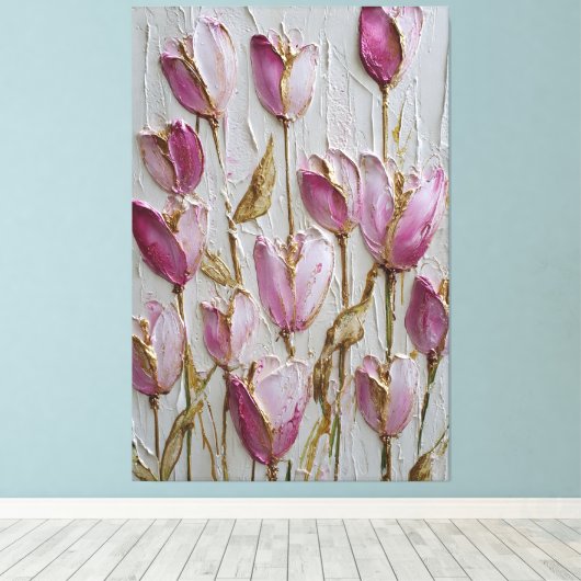 Toile Tulipes roses et blanches avec texture dorée abstr (Insitu (Plancher de Bois))
