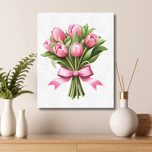 Toile Tulipes roses Fleurs florales vertes