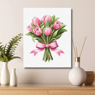 Toile Tulipes roses verdure fleurs florales