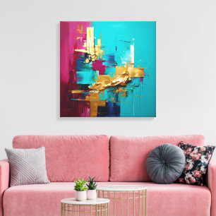 Toile Turquoise Abstrait moderne, Magneta et Gold Swirl