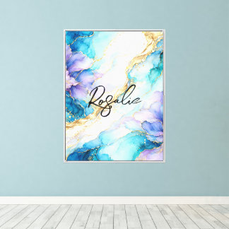 Toile Turquoise Bleu Violet Or Marbre Floral Abstrait