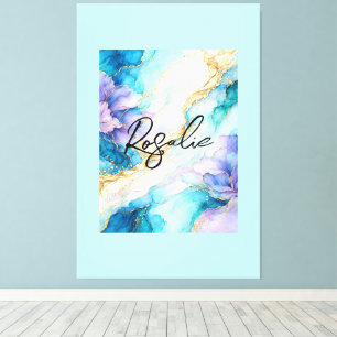 Toile Turquoise Bleu Violet Or Marbre Floral Abstrait