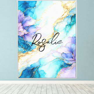 Toile Turquoise Bleu Violet Or Marbre Floral Abstrait