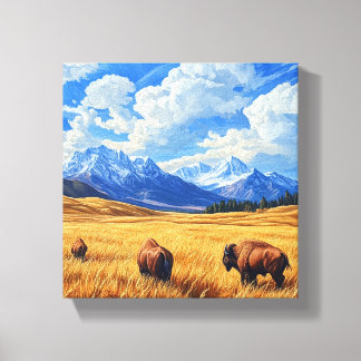 Toile Un beau paysage avec deux bisons qui se promènent
