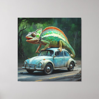 Toile Un caméléon perché sur une voiture dans un tableau