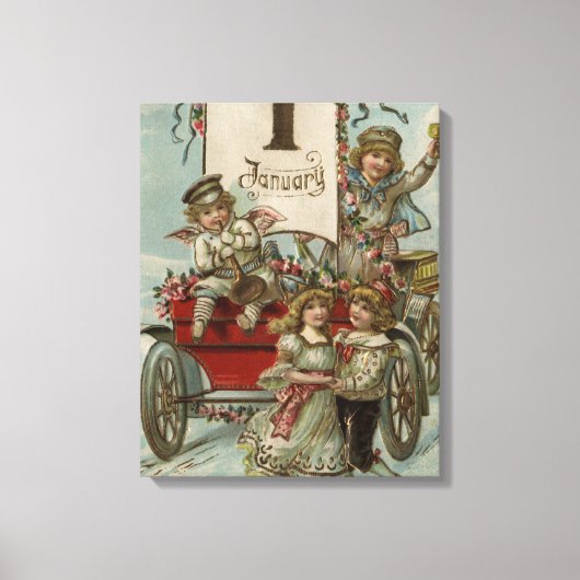 Toile Un joyeux Nouvel AnEnfants autour d'une Wagon Roug (Recto)