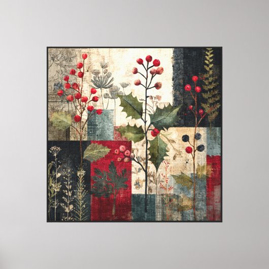 Toile Un Patchwork Rustique d'Hiver à la Baie de Houx (Recto)