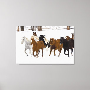 Toile Un paysage hivernal de chevaux au galop