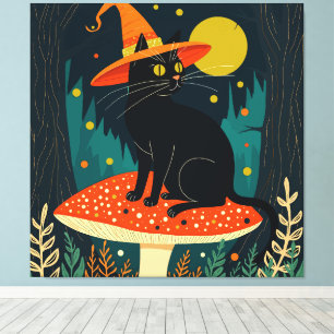 Toile Un petit chat noir et magique assis sur un champig