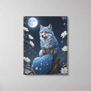 Toile un renard bleu et blanc avec fleurs et lune