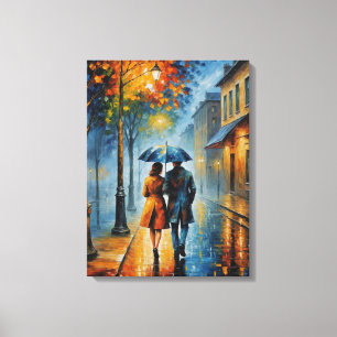 Toile un tableau d'un couple marchant dans une rue pluvi