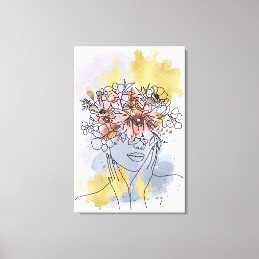 Toile Une ligne d'art visage couronne de fleurs cachant  (Recto)