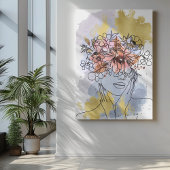 Toile Une ligne d'art visage couronne de fleurs cachant