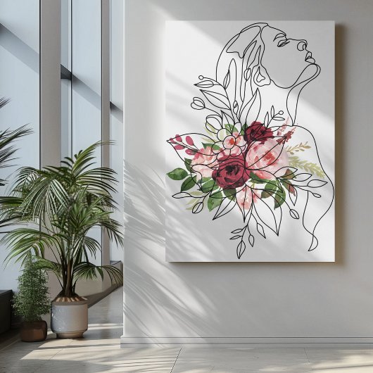 Toile Une ligne fille art avec des fleurs en marron rose