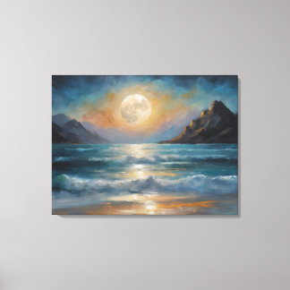 Toile Une pleine lune au-dessus de l'océan avec une mont