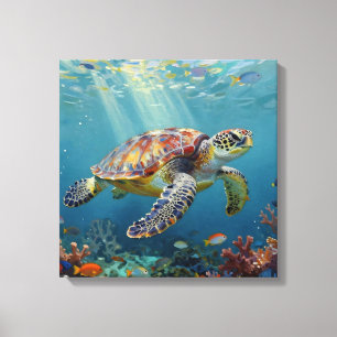 Toile Une Tortue de Mer et des Rayons de Soleil dans l'O