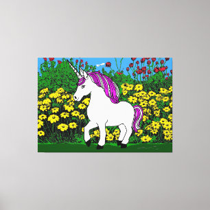 Toile Unicorne et champ de fleurs