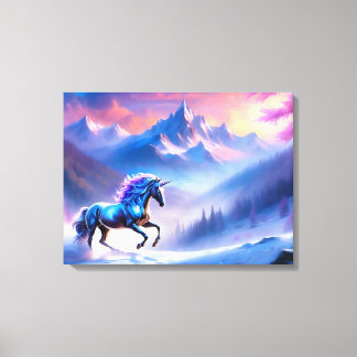 Toile Unicorne noire dans un paysage hivernal rêvé