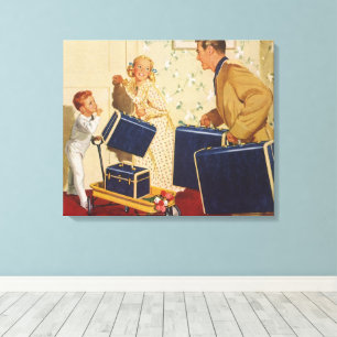 Toile Vacances familiales vintage, papa, enfants et vali