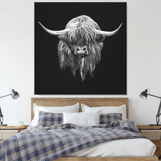 Toile Vache Écossaise Highland En Noir Et Blanc (Insitu(Chambre))