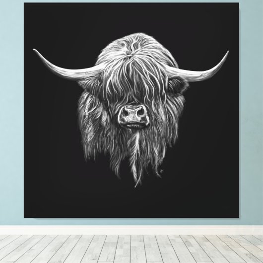 Toile Vache Écossaise Highland En Noir Et Blanc (Insitu (Plancher de Bois))