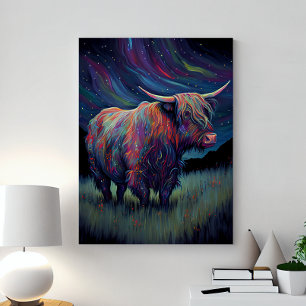 Toile Vache Highland Colorée Dans L'herbe La Nuit