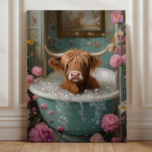 Toile Vache Highland dans l'art de la baignoire Florale