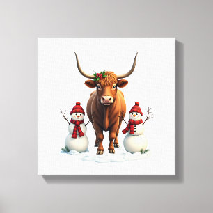 Toile Vache Highland vintage de Noël avec bonhommes de n
