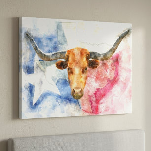 Toile Vache Longhorn avec carte du Texas et drapeau aqua