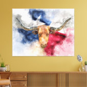 Toile Vache Longhorn avec Texas Drapeau Carte Aquarelle (Insitu(Salon))