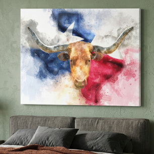 Toile Vache Longhorn avec Texas Drapeau Carte Aquarelle