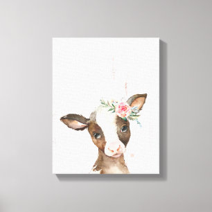 Toile Vache marron floral aquarelle, Art pour bébés anim