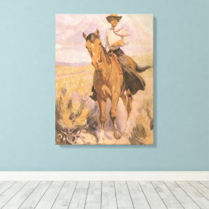 Toile Vachette Cowgirl Cowboy, Femme à cheval par Dunton