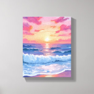 Toile Vagues océaniques roses Coucher de soleil Aquarell