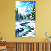 Toile Vallée alpine enneigée avec rivière ensoleillée (Insitu(Salon))