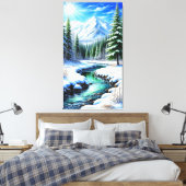 Toile Vallée alpine enneigée avec rivière ensoleillée (Insitu(Chambre))