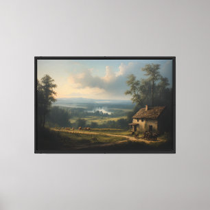 Toile Vallée au coucher du soleil avec chaumière en pier
