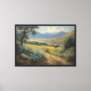 Toile Vallée montagneuse avec chevaux et fleurs bleues
