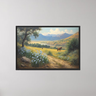 Toile Vallée montagneuse avec chevaux et fleurs bleues 