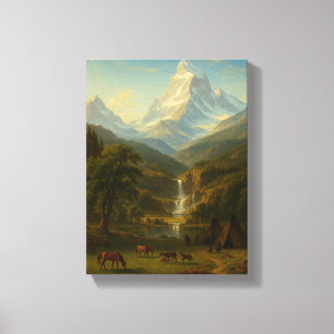 Toile Vallée paisible avec chevaux et cascade