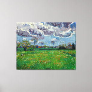 Toile Van Gogh Meadow avec des fleurs sous un ciel orage
