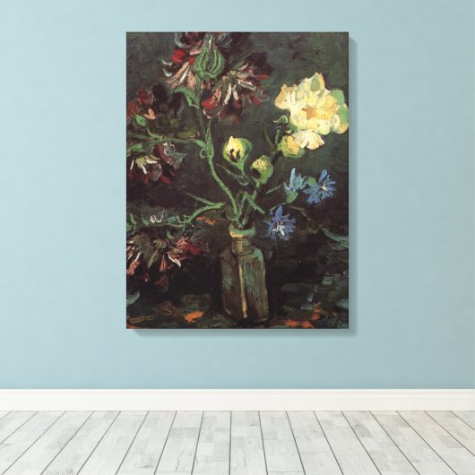 Toile Vase avec Myosotis et Peonies par Vincent van Gogh (Insitu (Plancher de Bois))