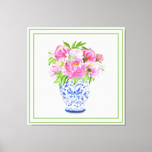 Toile Vase de chinoiserie aux pivoines roses bordure ver (Recto)