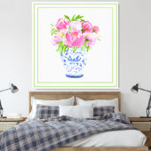 Toile Vase de chinoiserie aux pivoines roses bordure ver (Insitu(Chambre))