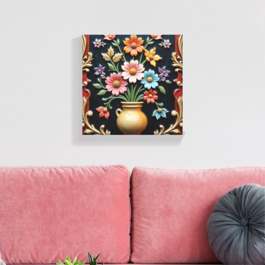 Toile Vase doré avec un bouquet vibrant (Insitu(Salon))