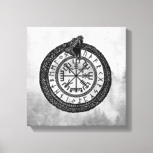 Toile Vegvisir avec Ouroboros et runes - niveaux de gris
