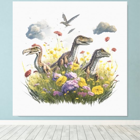 Toile Velociraptors dans une prairie (Insitu (Plancher de Bois))
